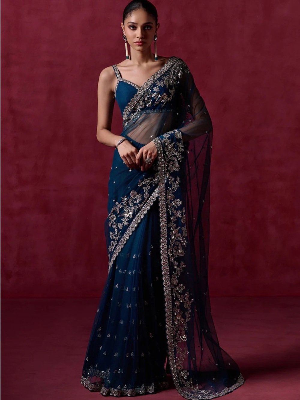 Embellished Deep Teal Blue Saree with Silver Detail